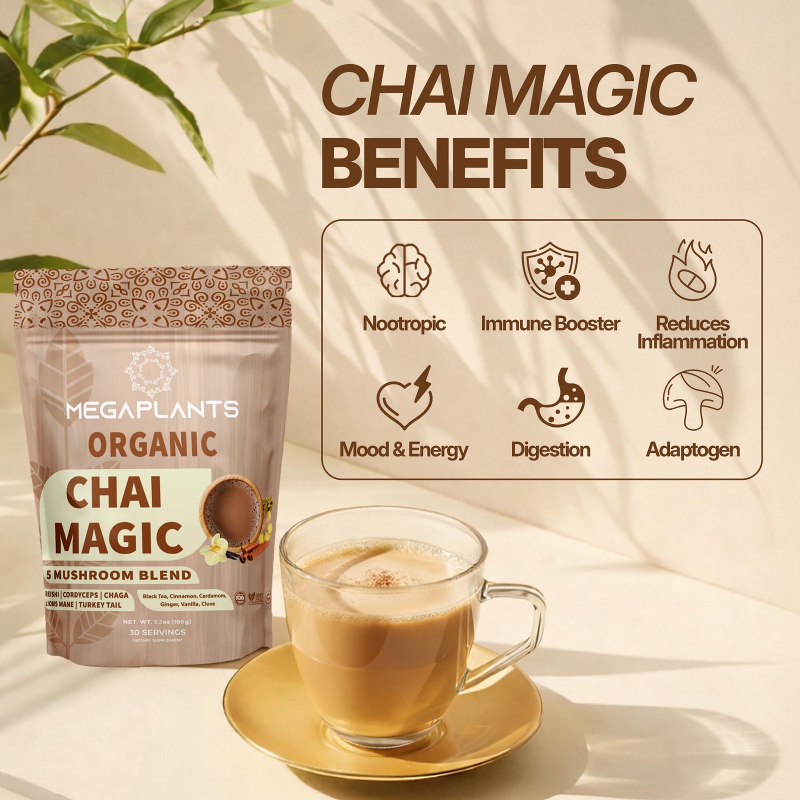 MEGAPLANTS Chai Magic 30 Servings | Superfood 5 Mushroom Powder Blend for Foc…