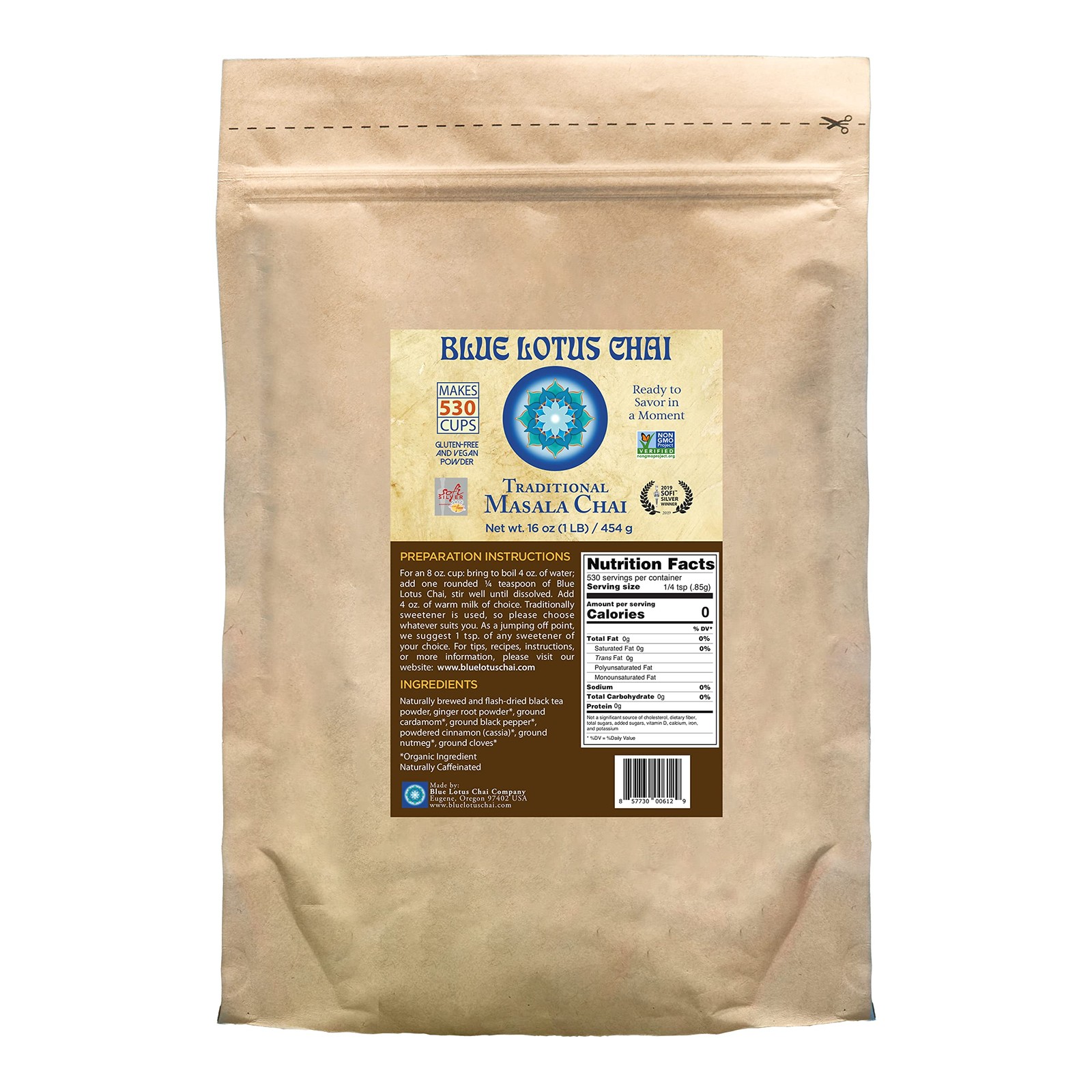Blue Lotus Chai – Traditional Masala Chai – Makes 530 Cups – 1 Pound Bulk Bag