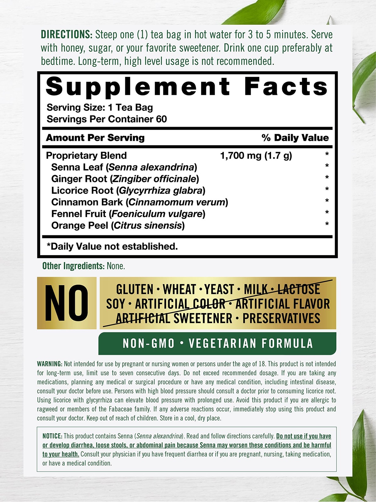 Carlyle Herbal Laxative Senna Leaf Tea | 60 Bags | No Caffeine | Helps 60