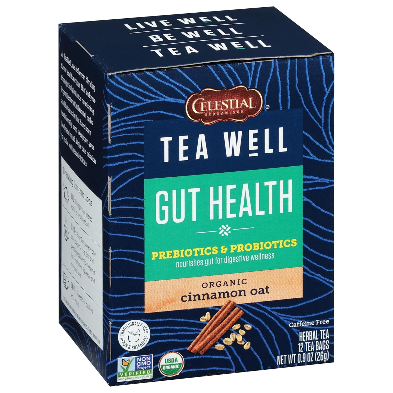 Celestial Seasonings TeaWell Herbal Tea, Gut Health, Organic Cinnamon Oat, 12