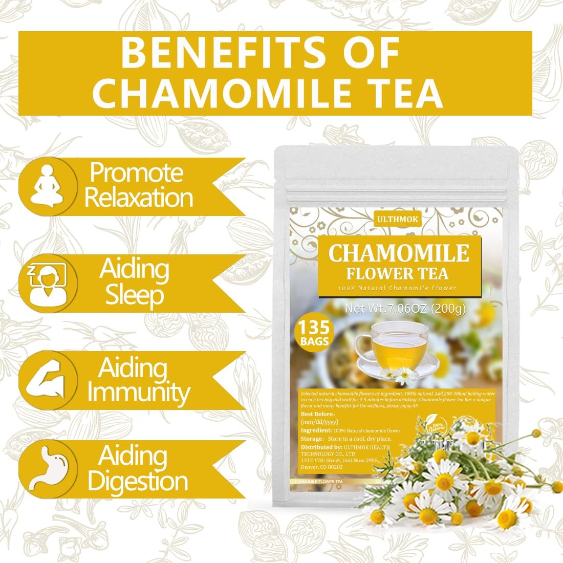 135 Chamomile Tea Bags, Made with 100% Pure Natural Chamomile Flower, Caffeine F