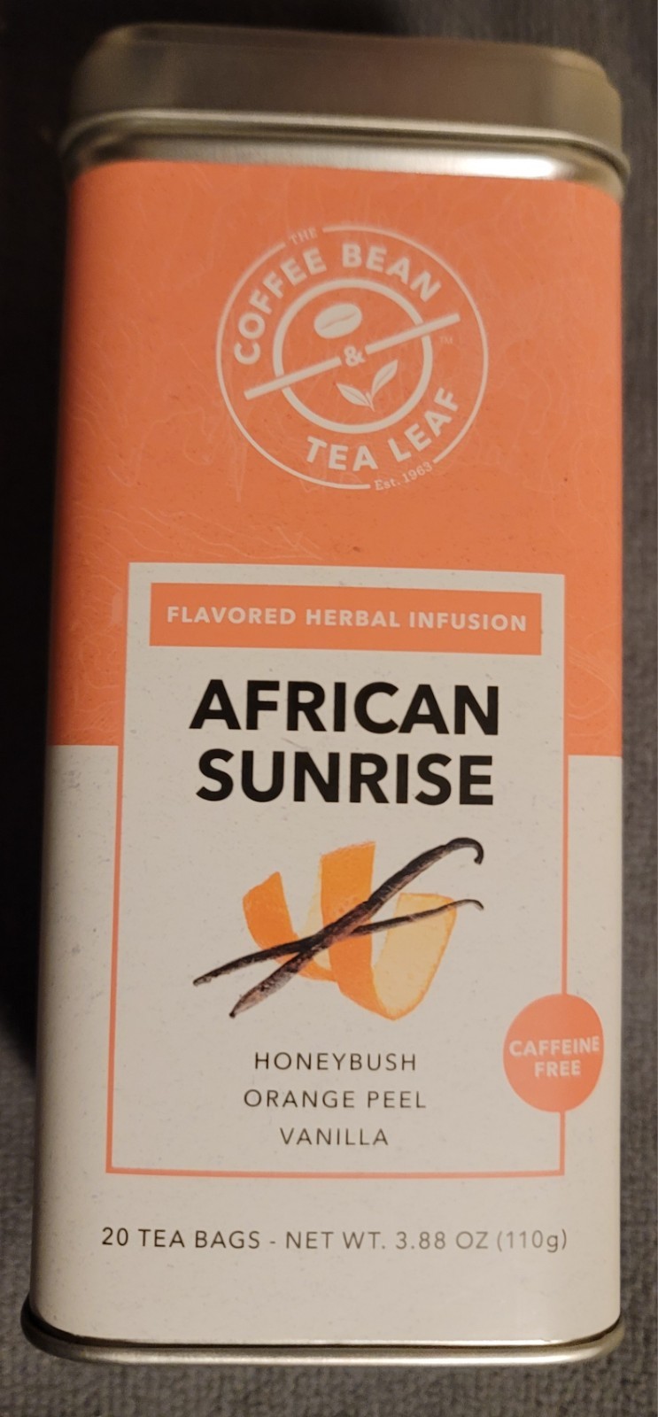 Coffee Bean & Tea Leaf African Sunrise Tea Tin 20 Ct. Instock NOW