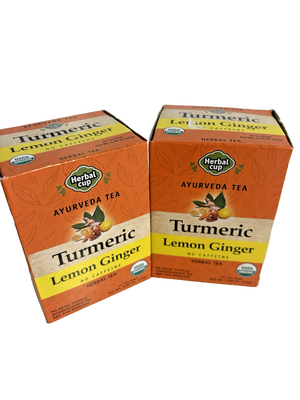 2-Pack Herbal Cup Ayurveda Turmeric Tea, Organic Lemon Ginger No Caffeine NEW