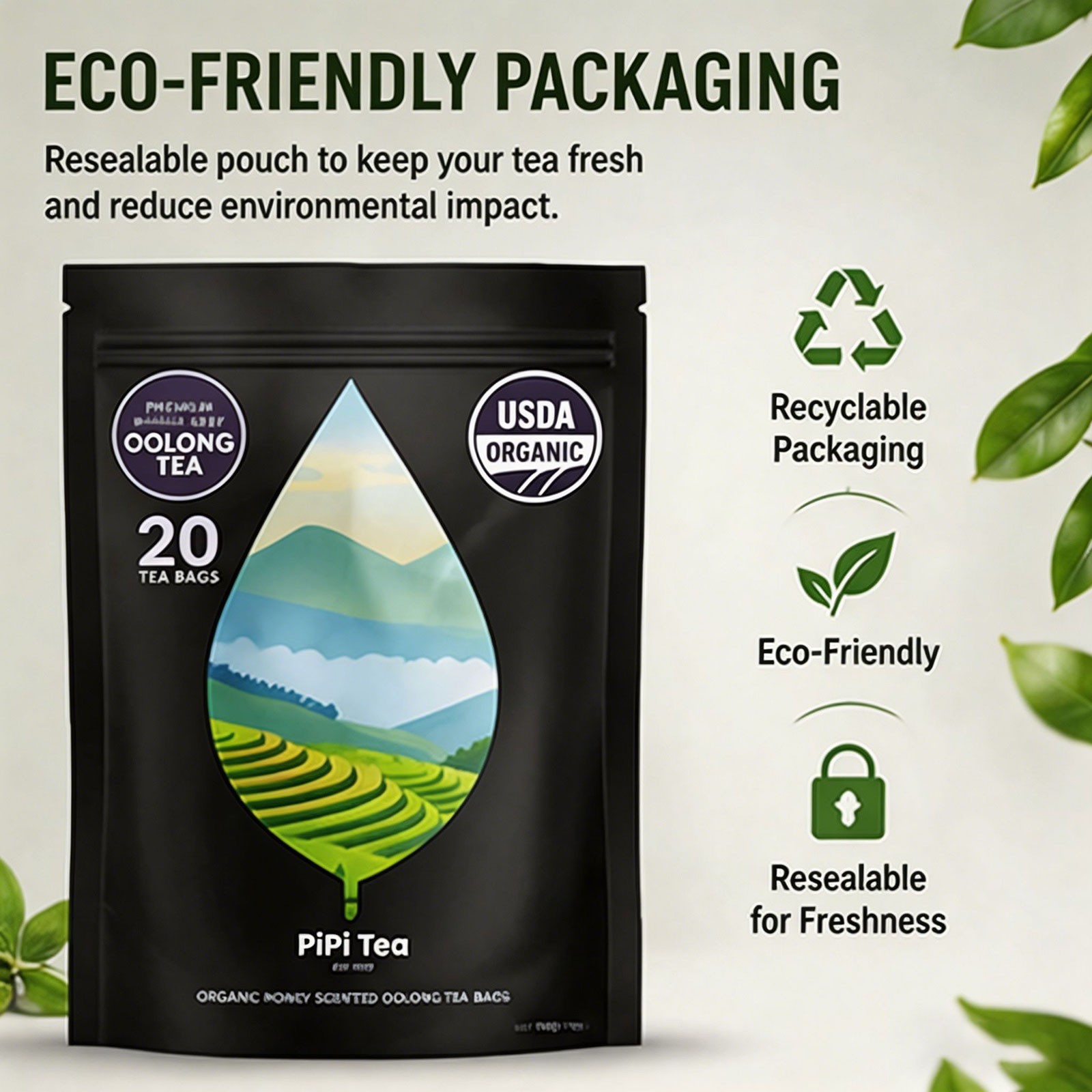 PiPi Tea Organic Oolong Tea Bags – Whole Leaf, 20 Bags (4g Each) – Cortisol &Ca1