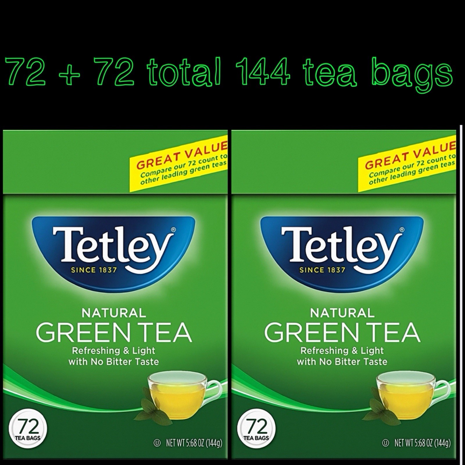 2 Box – Tetley All Natural Green Tea, 72 Count Tea Bags Per Box. Natural.