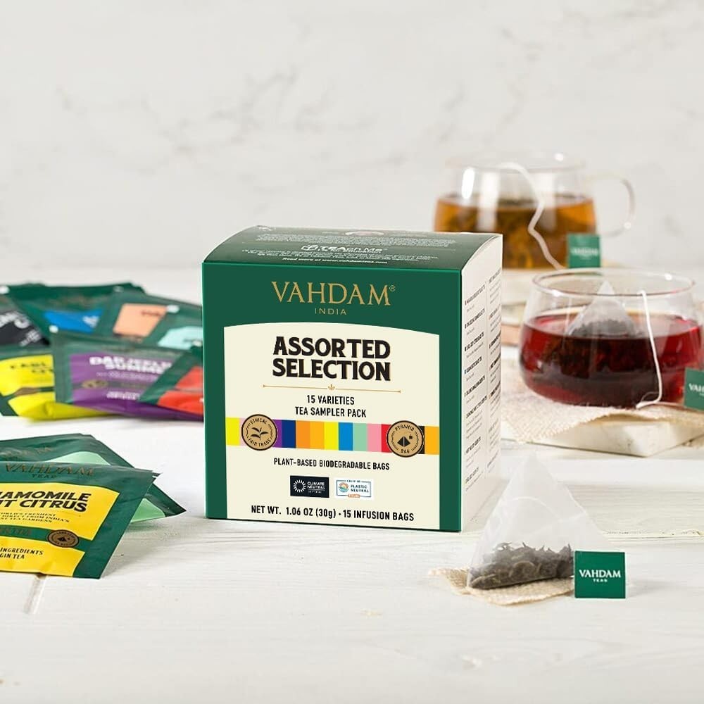 Assorted Tea Sampler 15 Different Variety in Individually Wrapped Pyramid Tea…