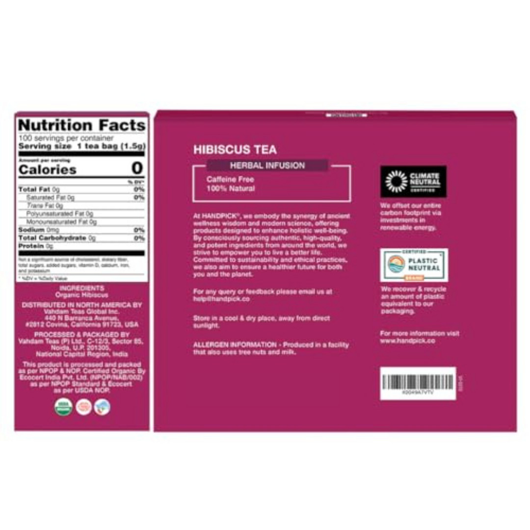 HANDPICK, Organic Hibiscus Tea Bags (100 Tea Bags) | Caffeine-Free, 100% Natural