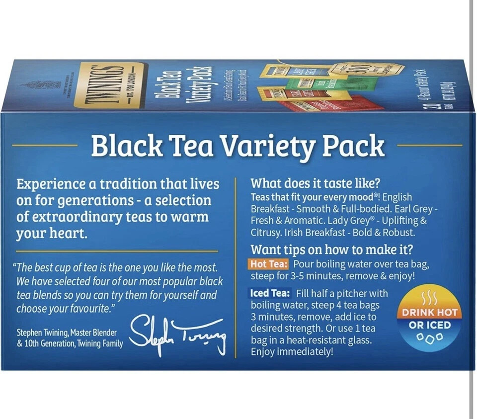 TWININGS Black Tea Variety Pack Earl Grey Irish Breakfast Lady Grey 20 Tea Bags