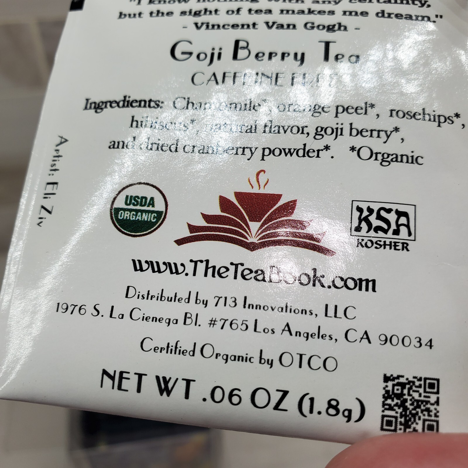Vincent Van Goghji Berry Tea Bags in Clear Cube The Tea Book Best by 11/26