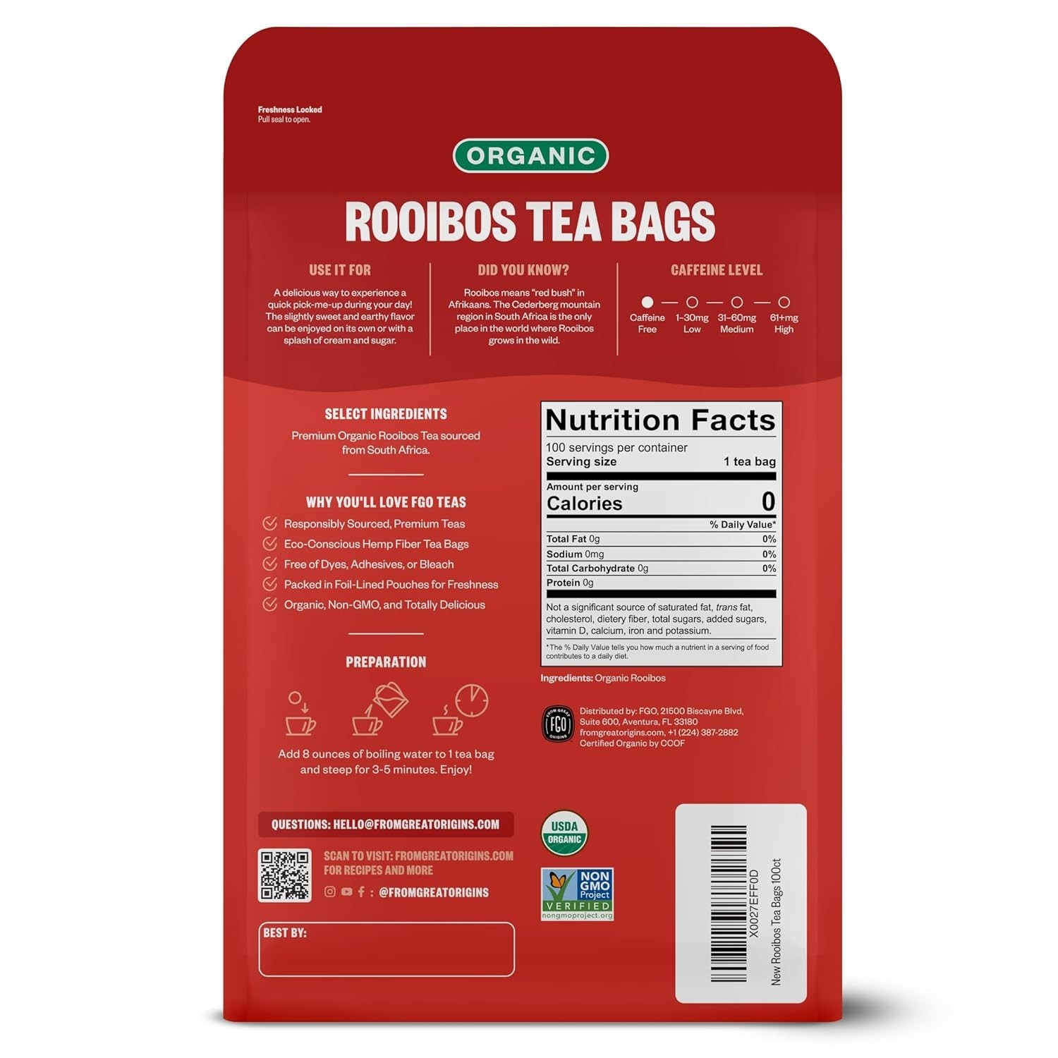 Organic Rooibos Tea, 100 Count, Eco-Conscious Tea Bags, Caffeine Free, Packag…