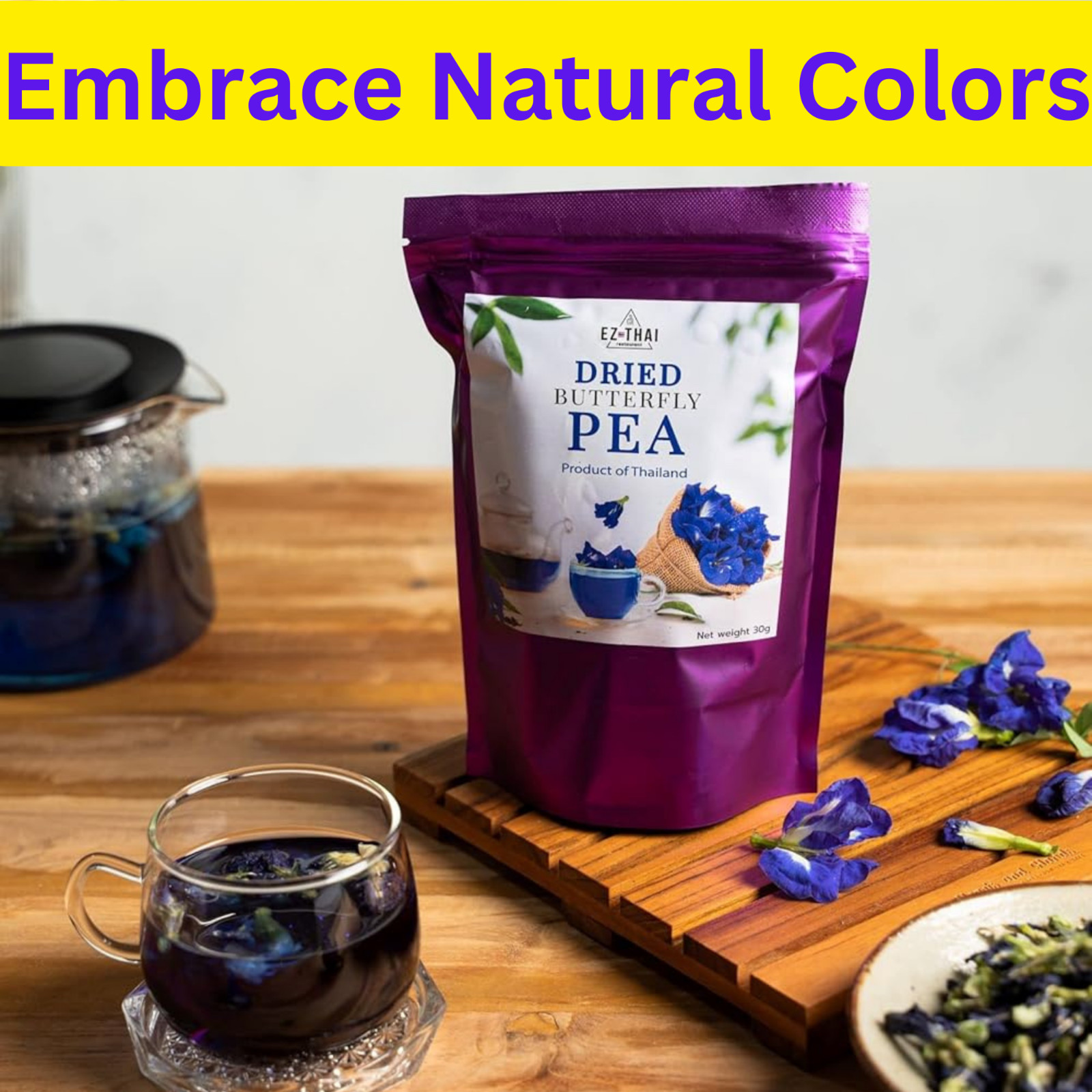 1oz Natural Dried Butterfly Pea Flower Tea Thai Herbal Hot Tea Mix, Iced Teas