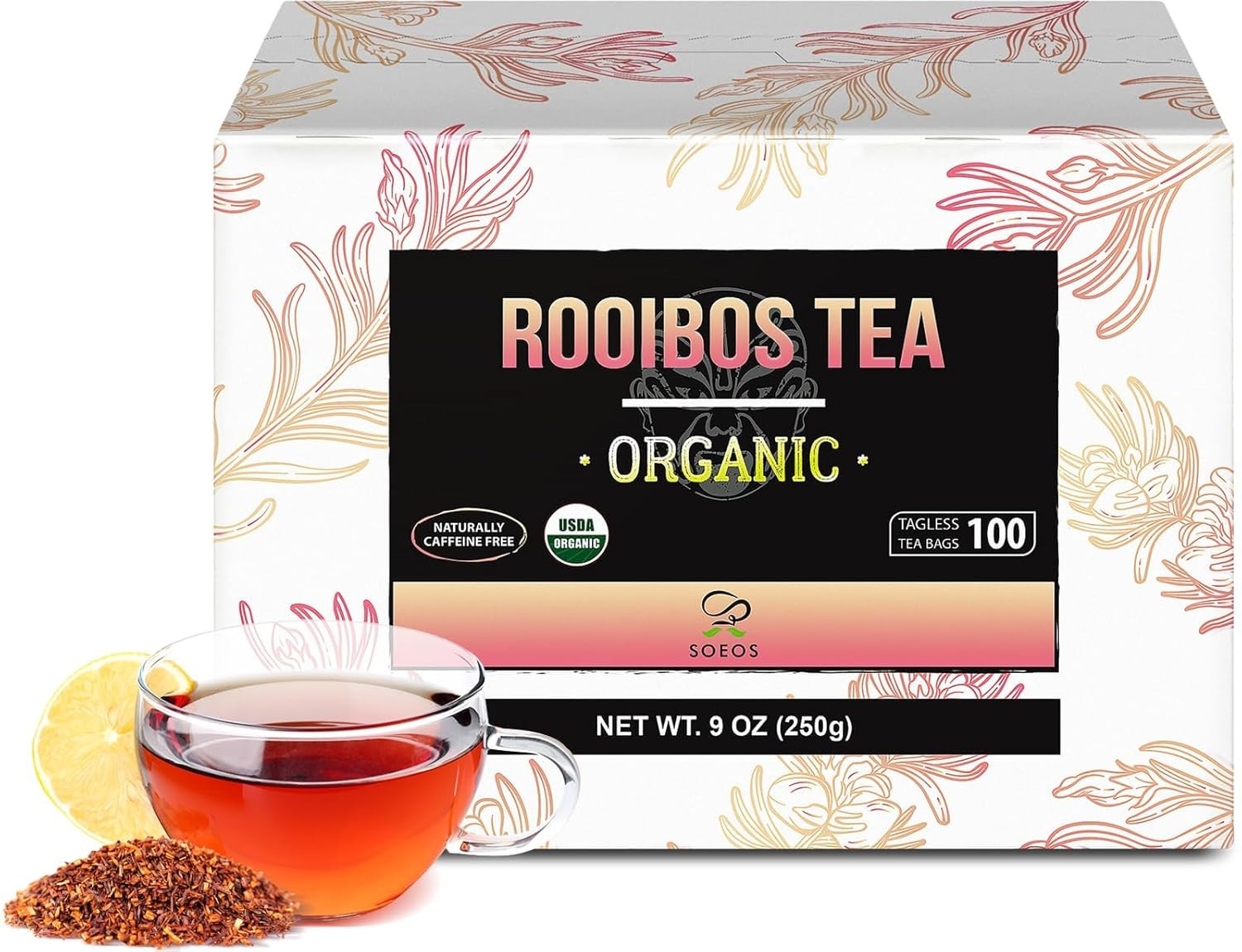 Soeos Organic Rooibos Tea, 9Oz (250G), 100 Tagless Tea Bag, Naturally Caffeine F