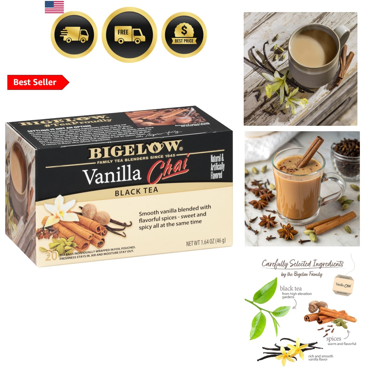 Bigelow Vanilla Chai Black Tea Bags, 20 Count Pack of 6