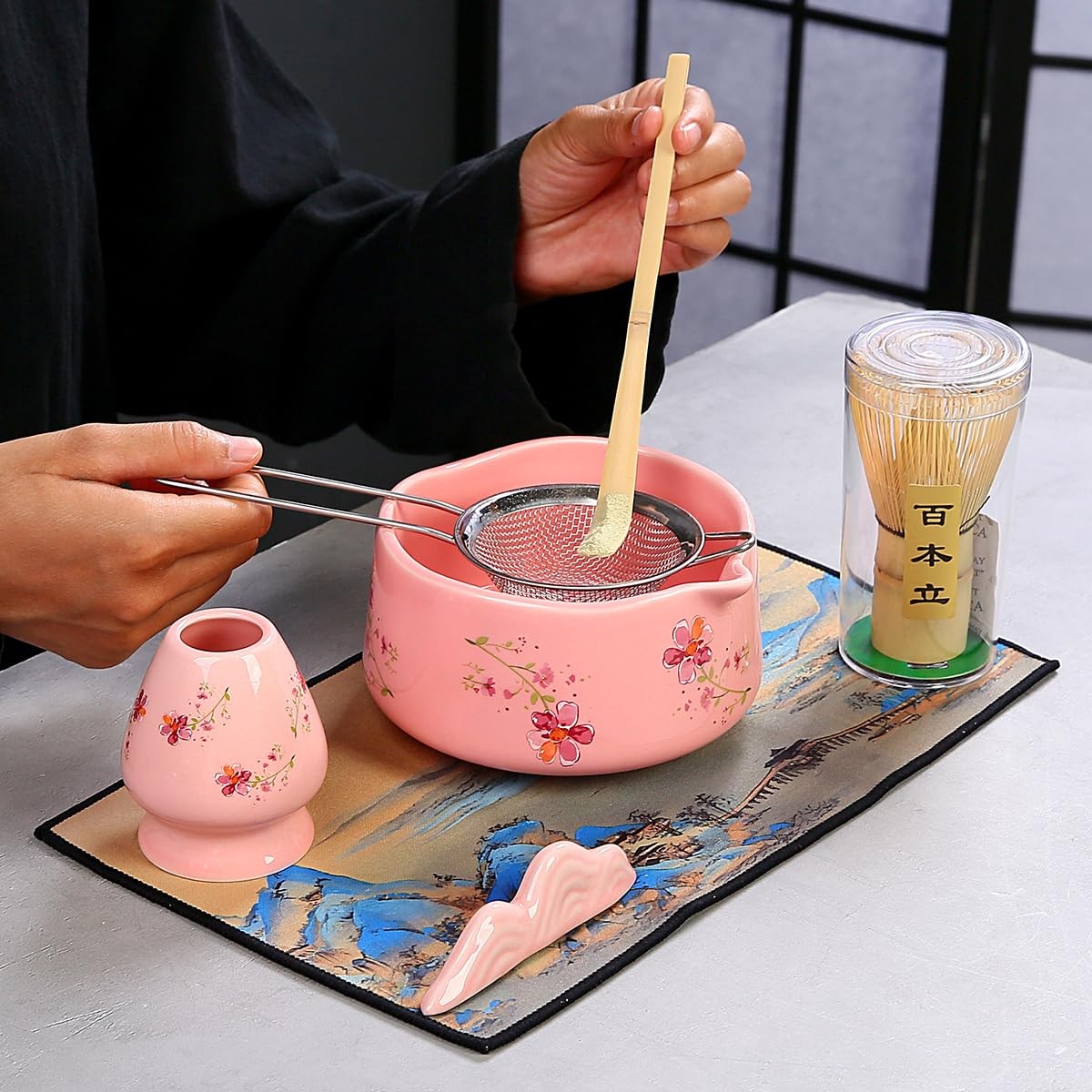 Matcha Whisk Set 7 Piece Pink Kit With Scoop Strainer Bamboo Traditional Tool