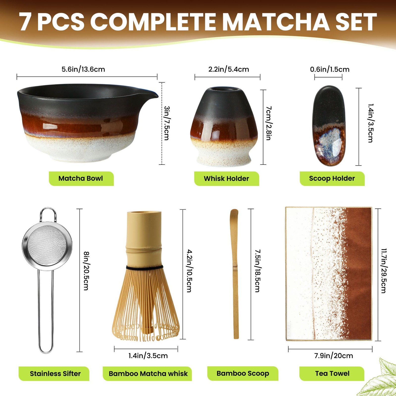 Matcha Whisk Set Desert Style Ceramic Bowl Kit 7 Pc for Beginners Matte Black