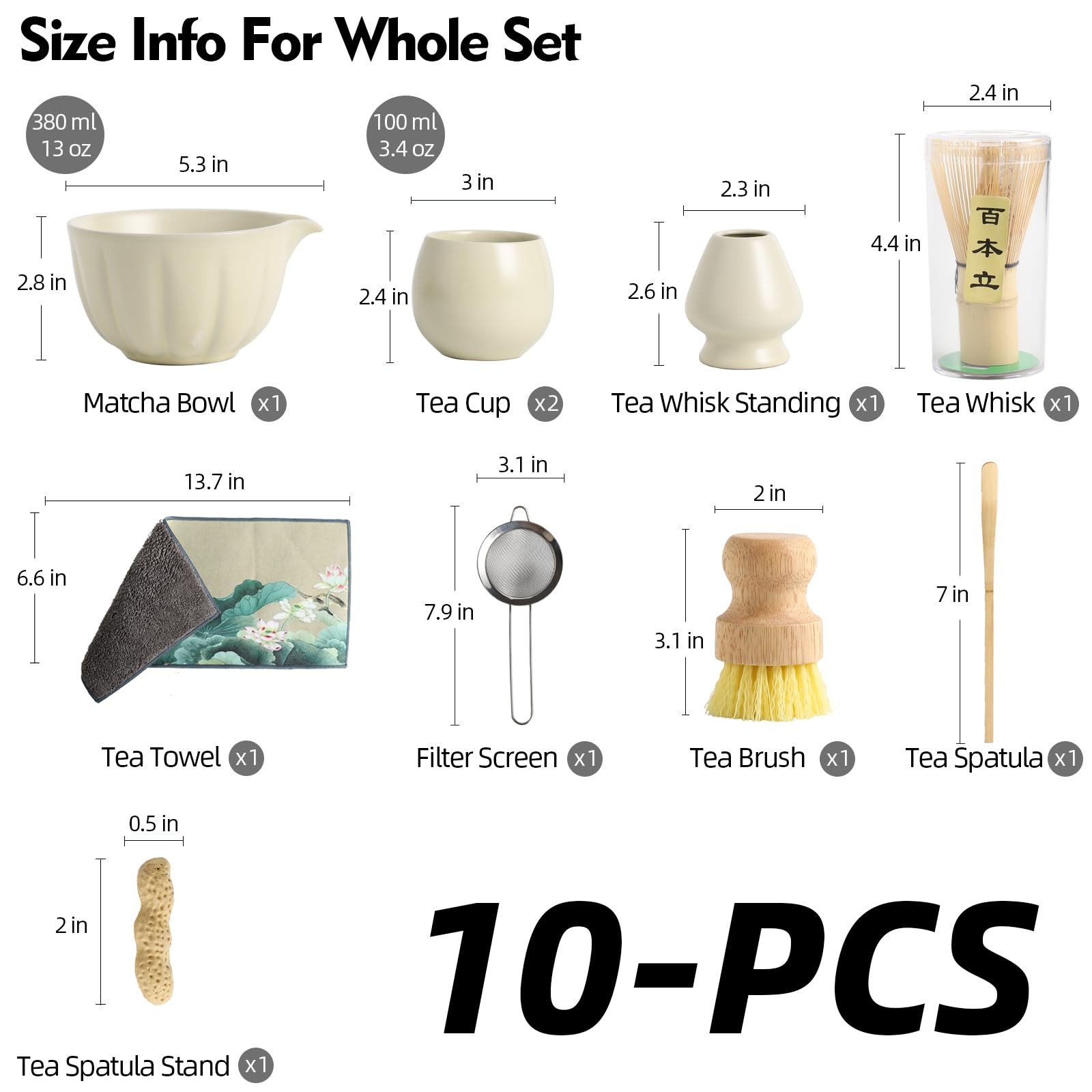 10 PCS Matcha Whisk Set 13 Oz With 2 Cups Complete Kit For Tea Ceremony
