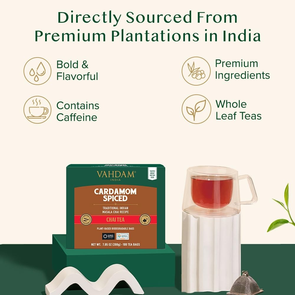 VAHDAM, Cardamom Masala Chai Tea Bags (100 Count) Non GMO, Gluten Free, No…