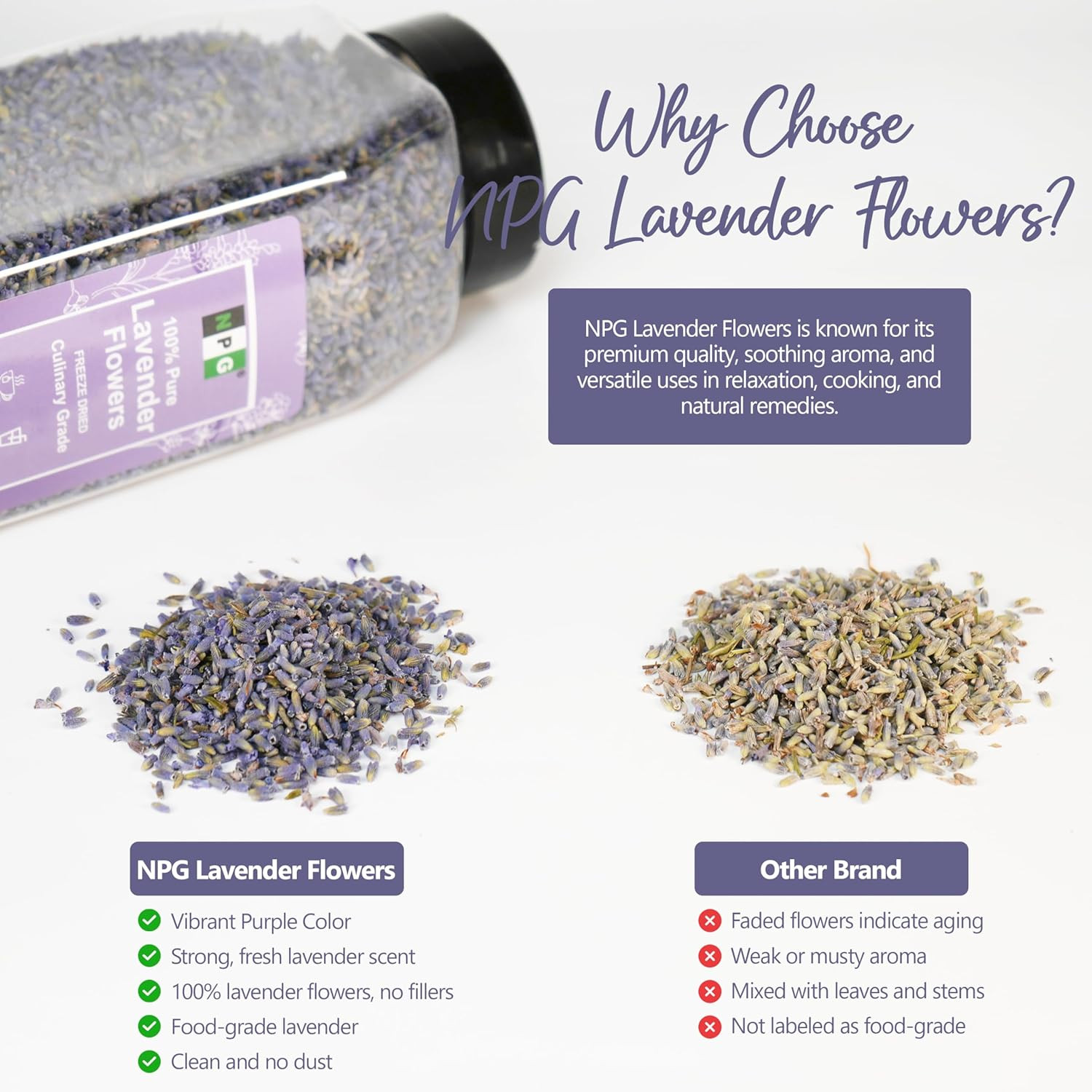 NPG Freeze Dried Lavender Flowers 4 Oz, Culinary Grade Lavender Buds for Tea, Ba