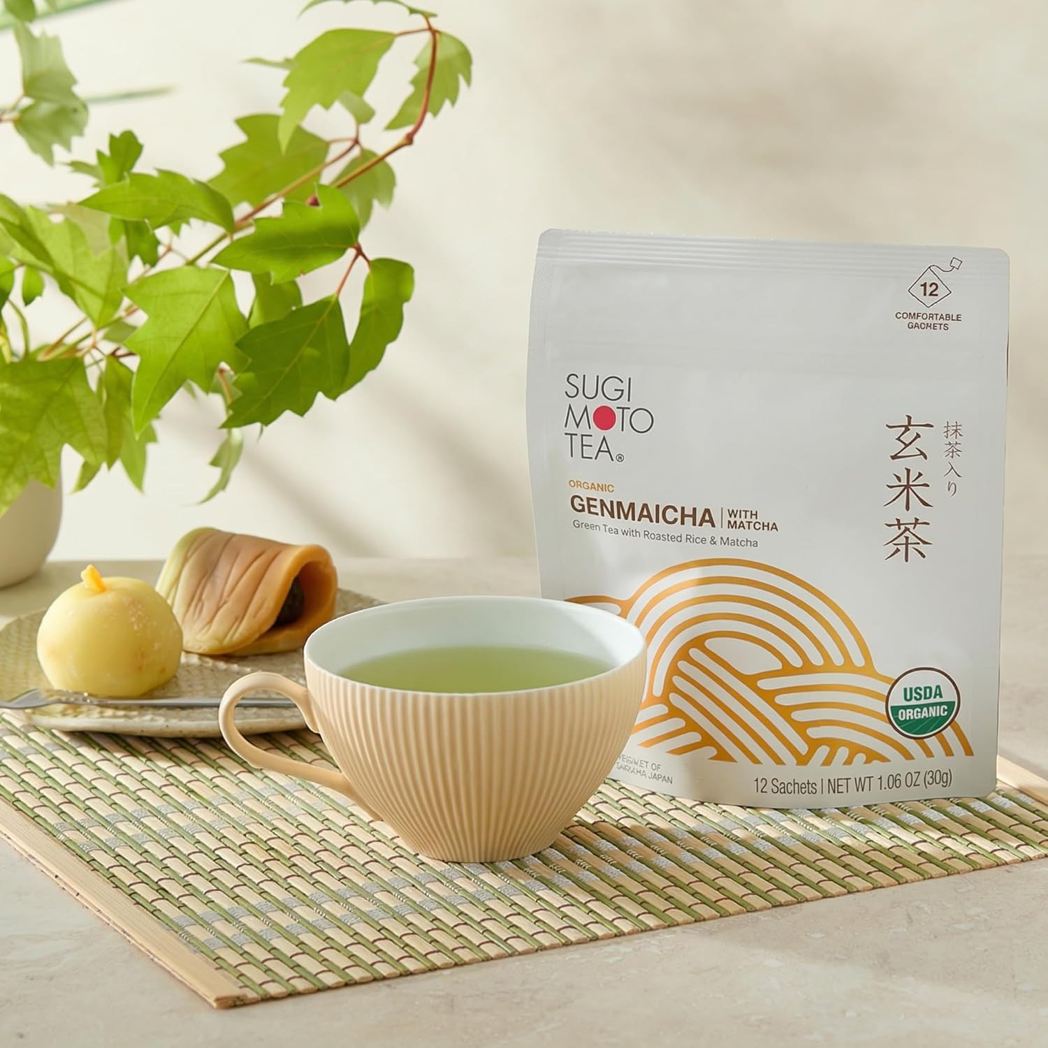 SUGIMOTO TEA Japanese Organic Genmaicha with Matcha Green Tea Bags 12 Count