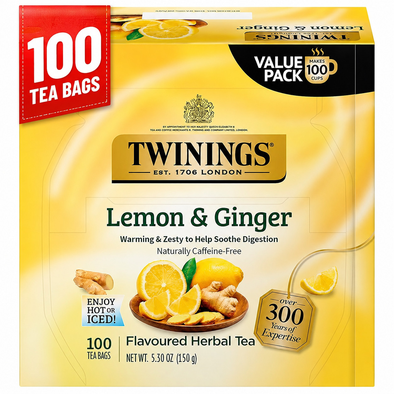 Twinings Lemon & Ginger Herbal Tea Individually Wrapped Caffeine Free 100 Bags