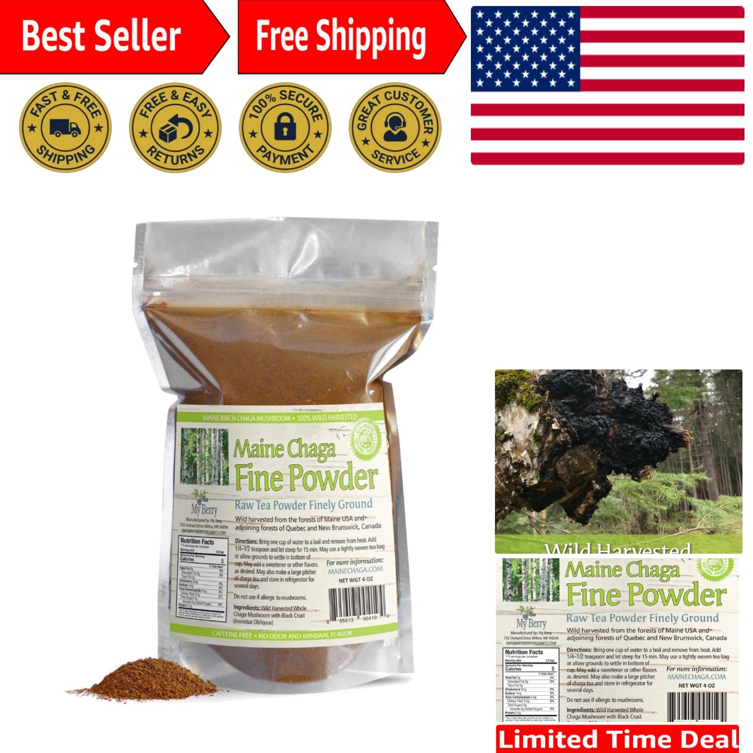 Sustainable Wild Chaga Tea Powder, 4oz | Rich in Antioxidants & Immune Support