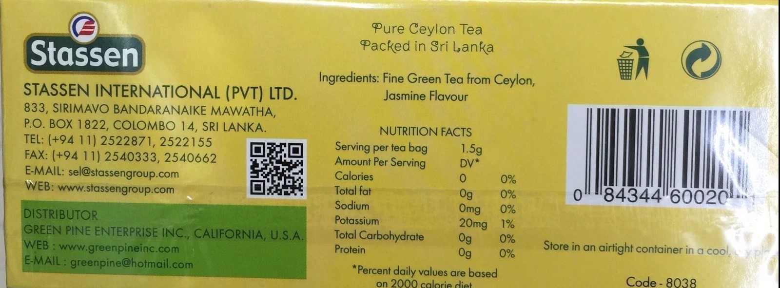24 Boxes, Stassen Pure, Jasmine Green Tea, 100 Tea Bags, Quality #1