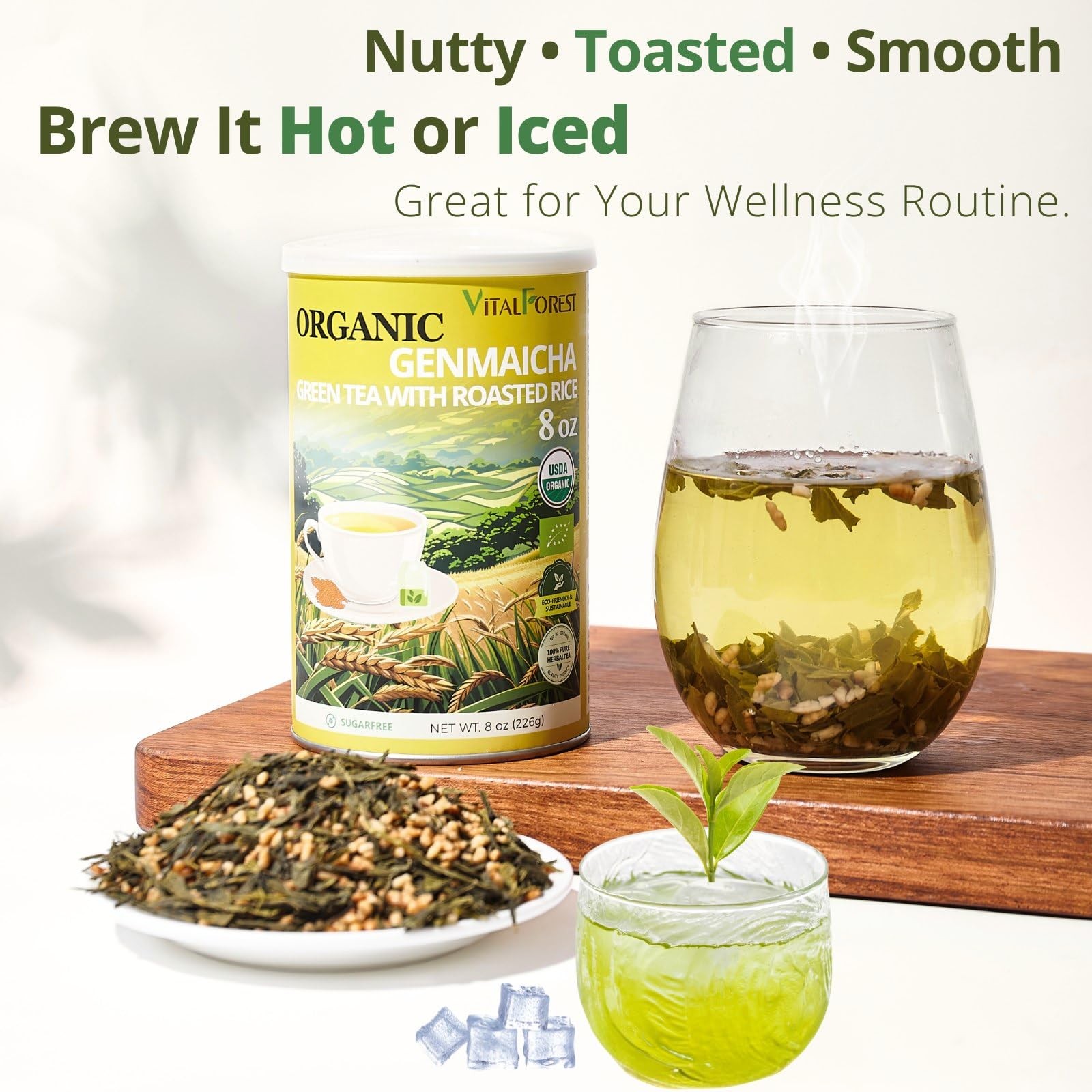 Organic Genmaicha Green Tea Loose Leaf – Roasted Rice, Smooth Flavor 8oz