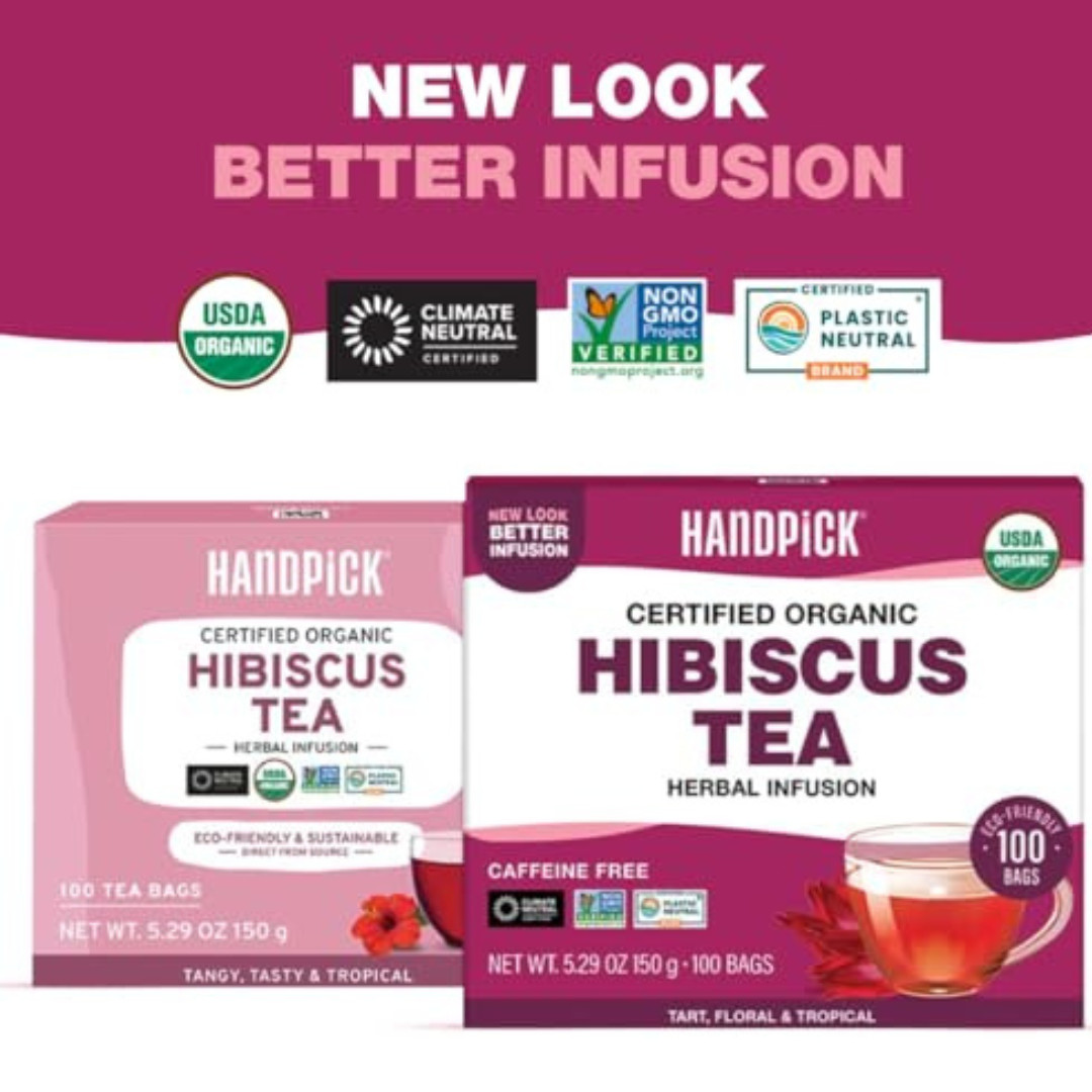 HANDPICK, Organic Hibiscus Tea Bags (100 Tea Bags) | Caffeine-Free, 100% Natural
