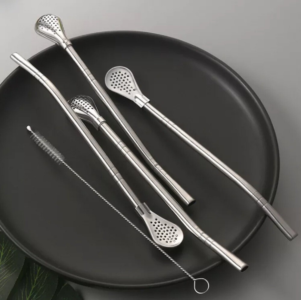 6 Reusable Stainless Steel Drinking Straw Set w Filter Spoon & 2 Cleaning Brush