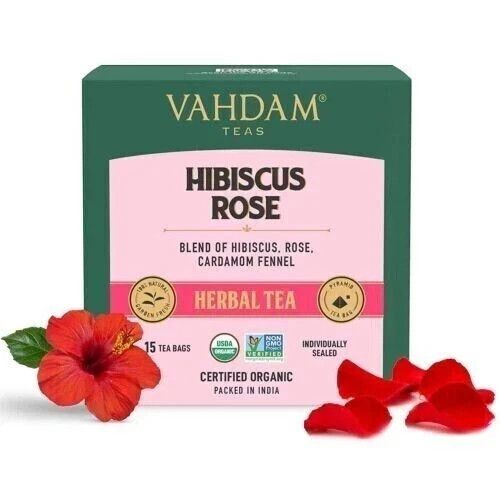VAHDAM, Hibiscus Rose Herbal Tea- 15 Tea Bags, 30g Free Shipping World Wide