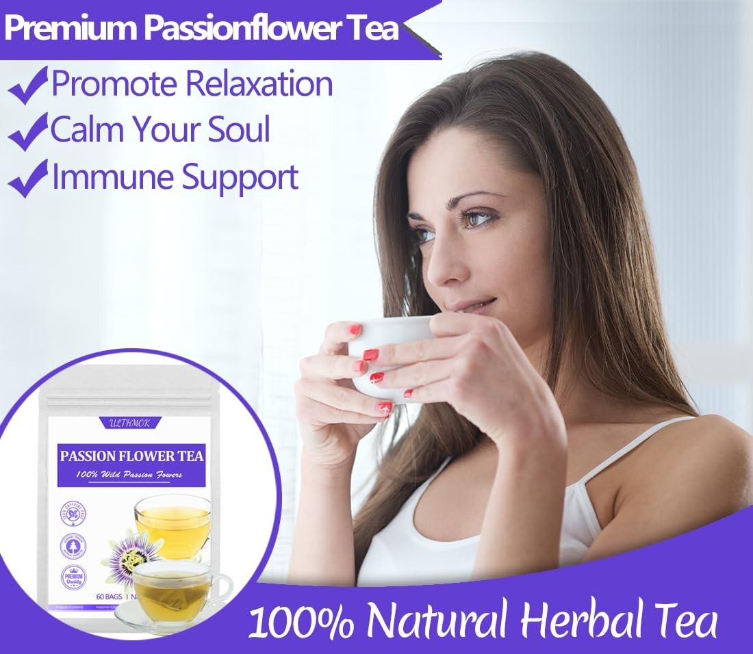 60 Premium Passion Flower Tea Bags, Made with 100% Natural Passionflower Leaves,