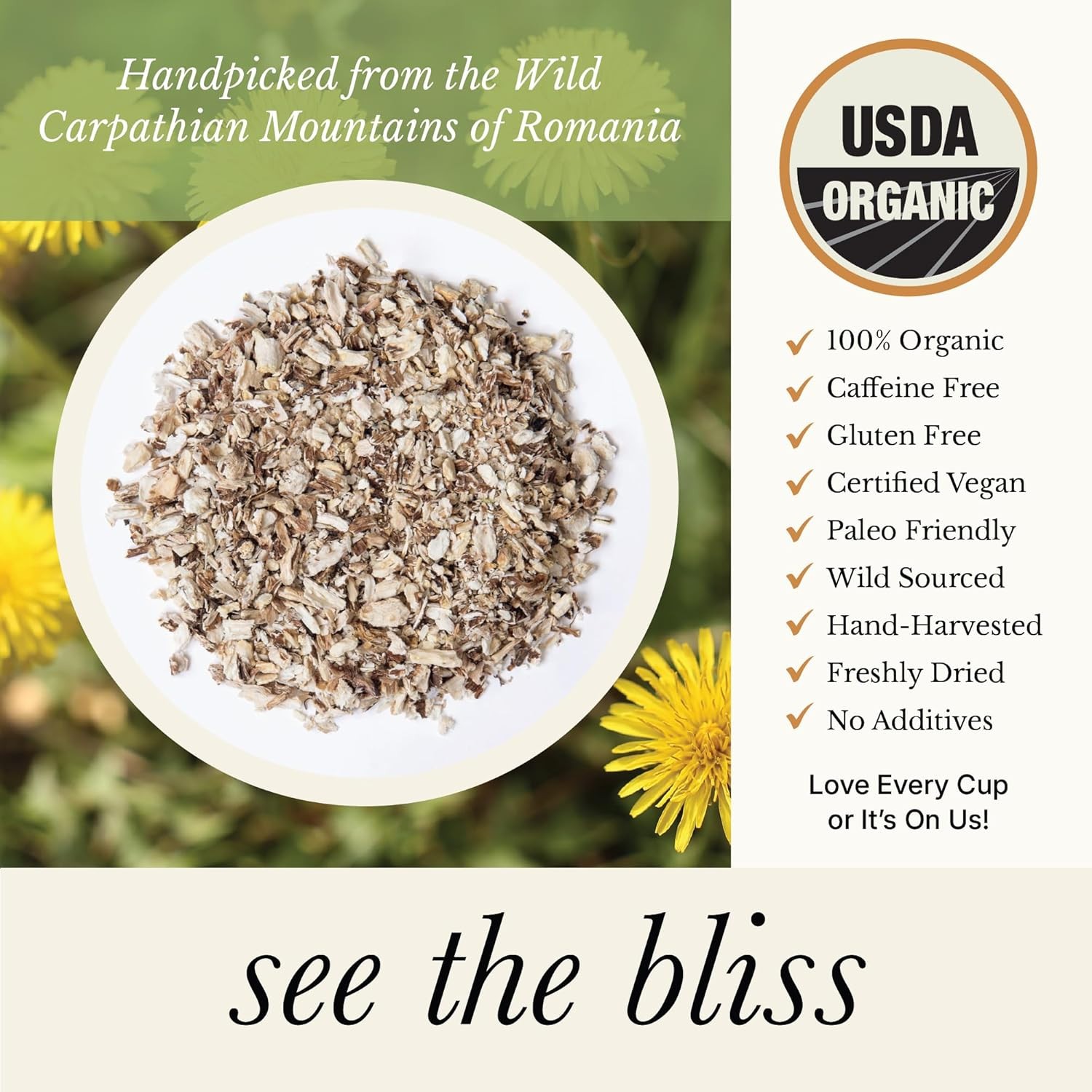 Wild Bliss Organic Dandelion Root Tea, Caffeine-Free, 75 Bags