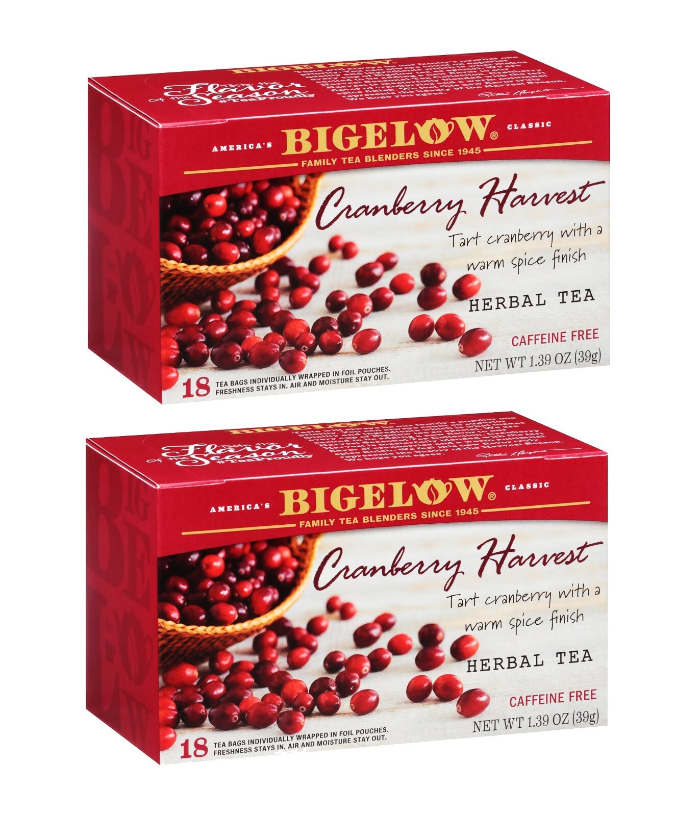 Lot 2 NIB Bigelow Cranberry Harvest Herb Tea 36 Bag July4 Gif Caffeine Free Ship