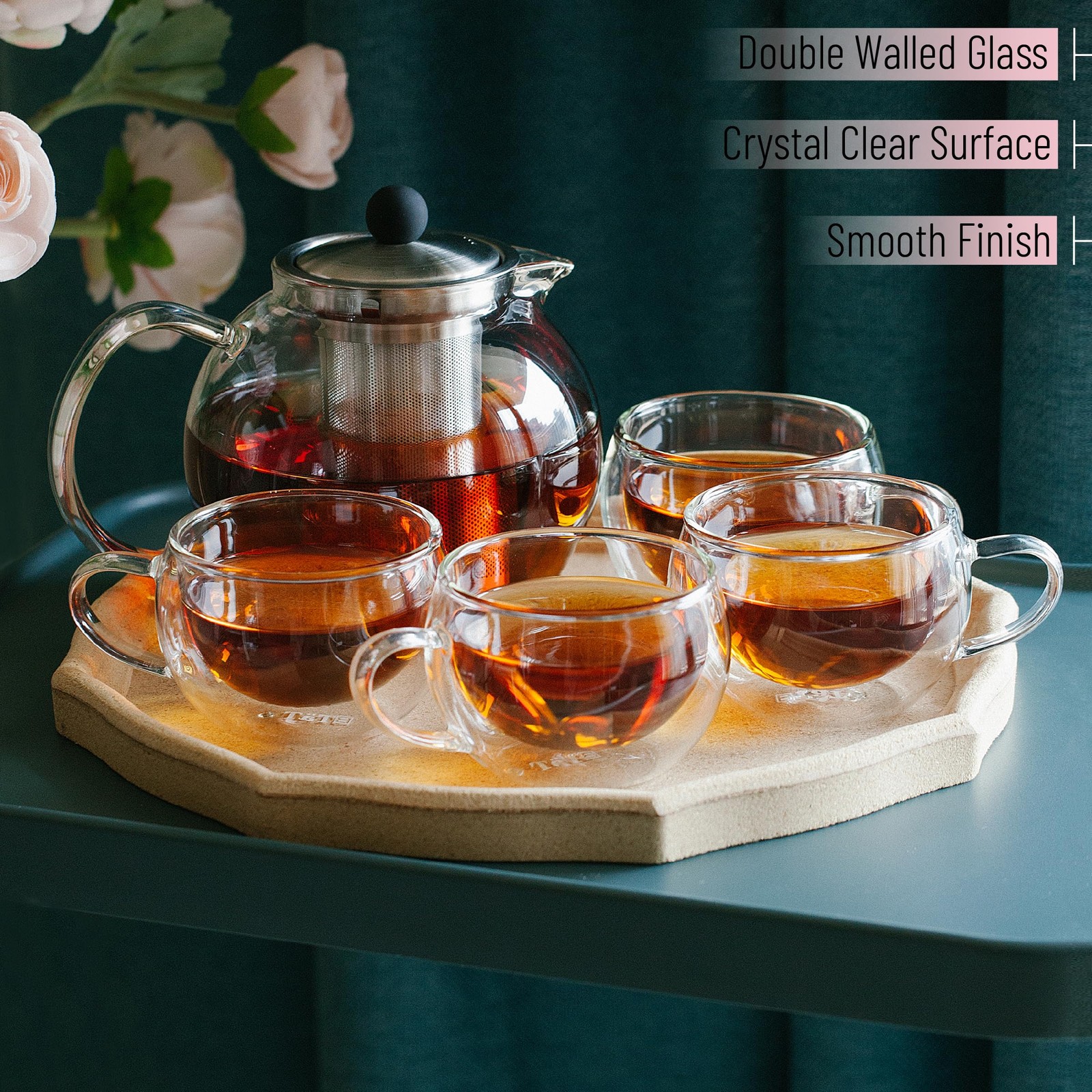 BTaT- Glass Tea Pot Set, Set of 4, Double Wall Glass Tea Cup and Kettle with …