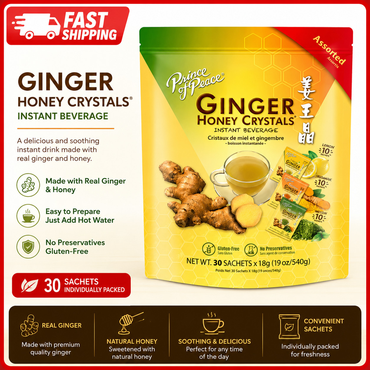 Prince of Peace Instant Ginger Honey Crystals Assorted MIX Lemon/Turmeric/Matcha