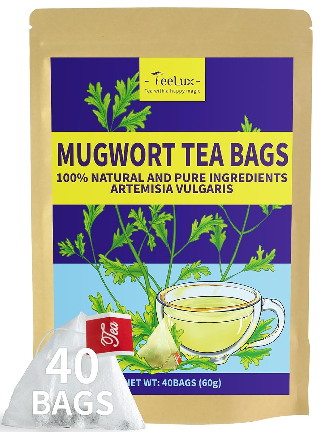 Mugwort Tea Bags, 40 Count, Natural Mugwort Leaves, Caffeine Free, Biodegradable