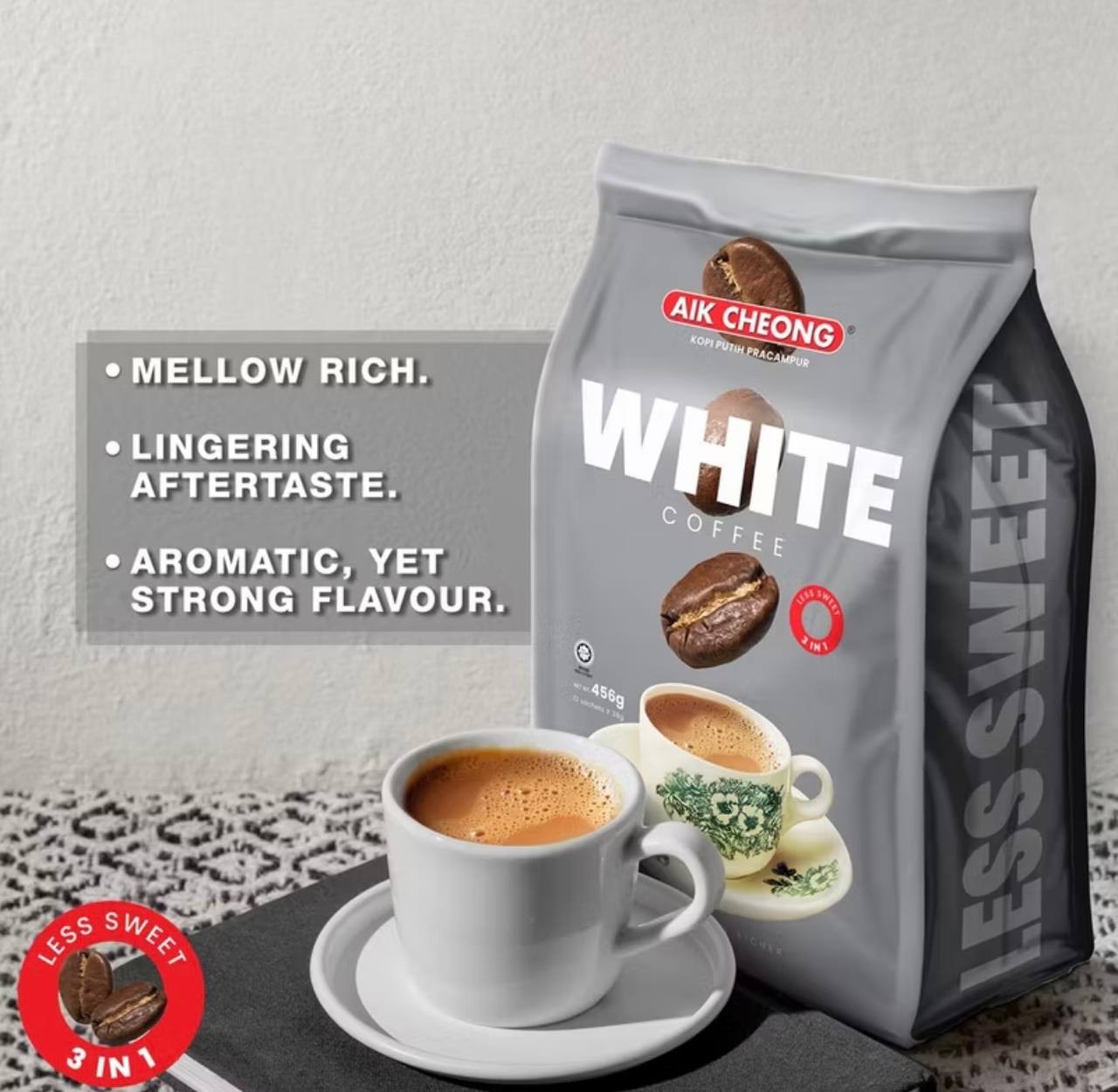Aik Cheong 3 In 1 White Coffee Less Sweet (38g x 12 Sticks)