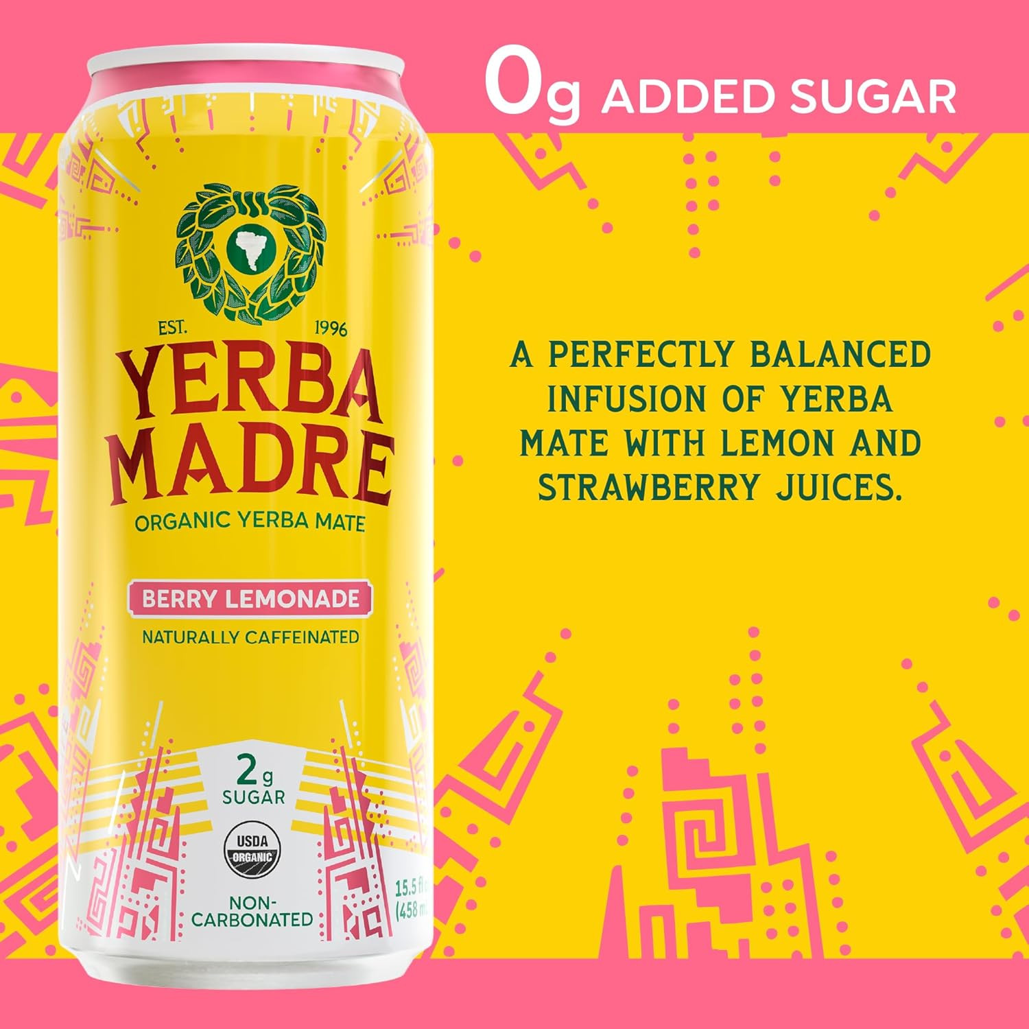 Yerba Madre Organic Yerba Mate, Low Sugar Berry Lemonade, 150Mg Natural Caffeine