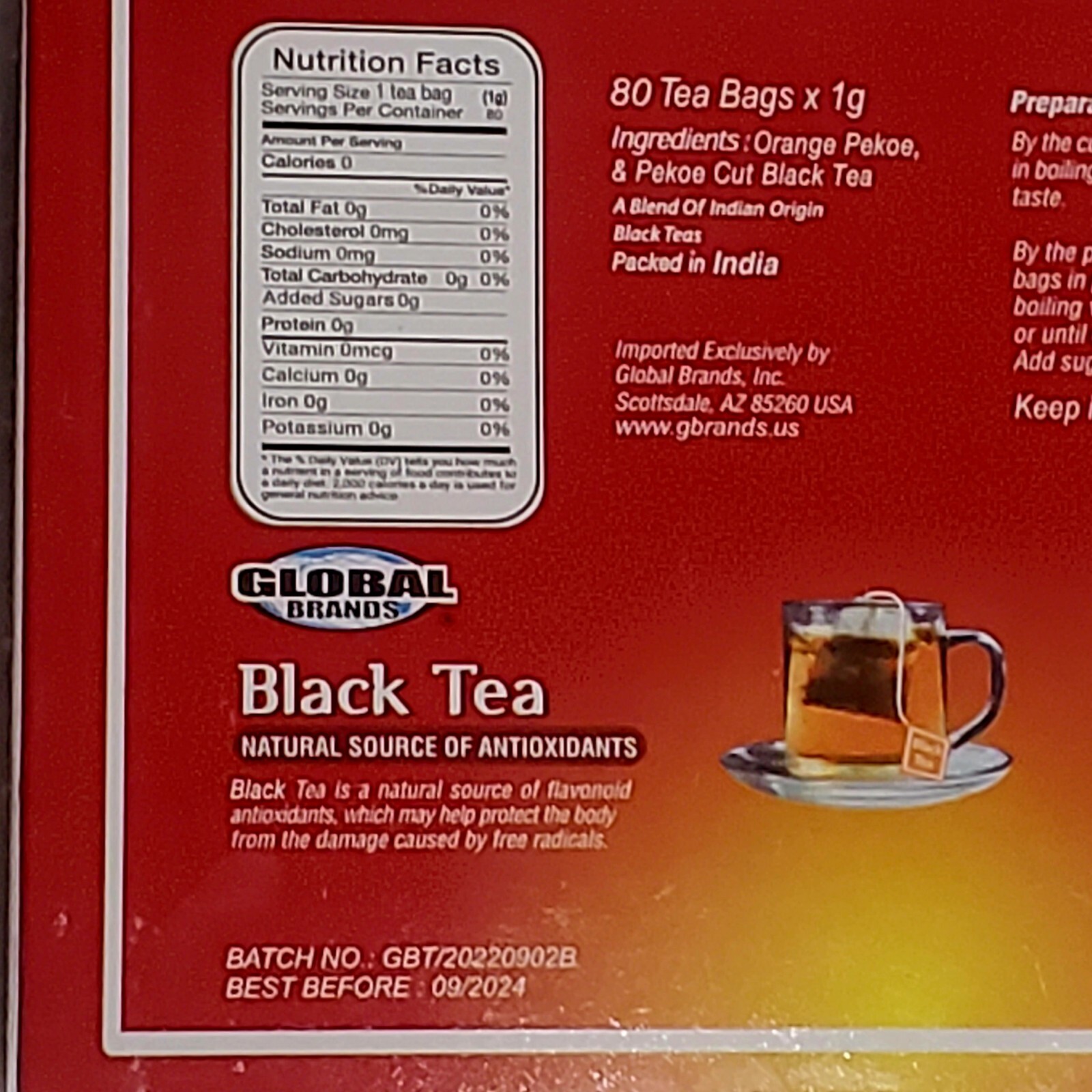 Global Brands Orange Pekoe & Pekoe Cut Black Tea 80 Bags.
