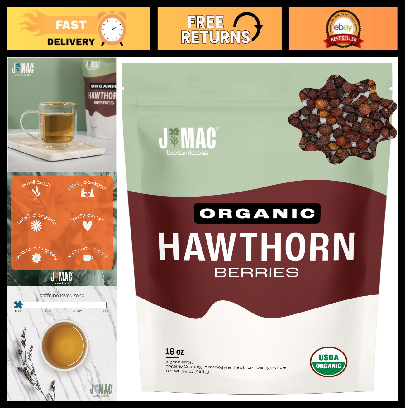 Organic Dried Hawthorn Berries 16oz – Whole, Bulk, Resealable Bag, Tea Ingredien