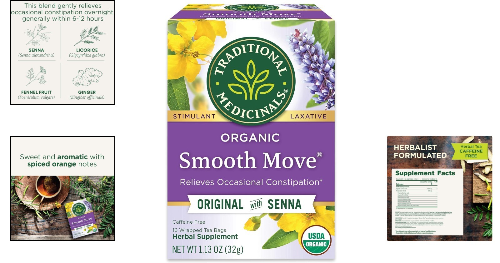Organic Smooth Move Laxative Tea – 16 Caffeine-Free Tea Bags for Digestive Ease
