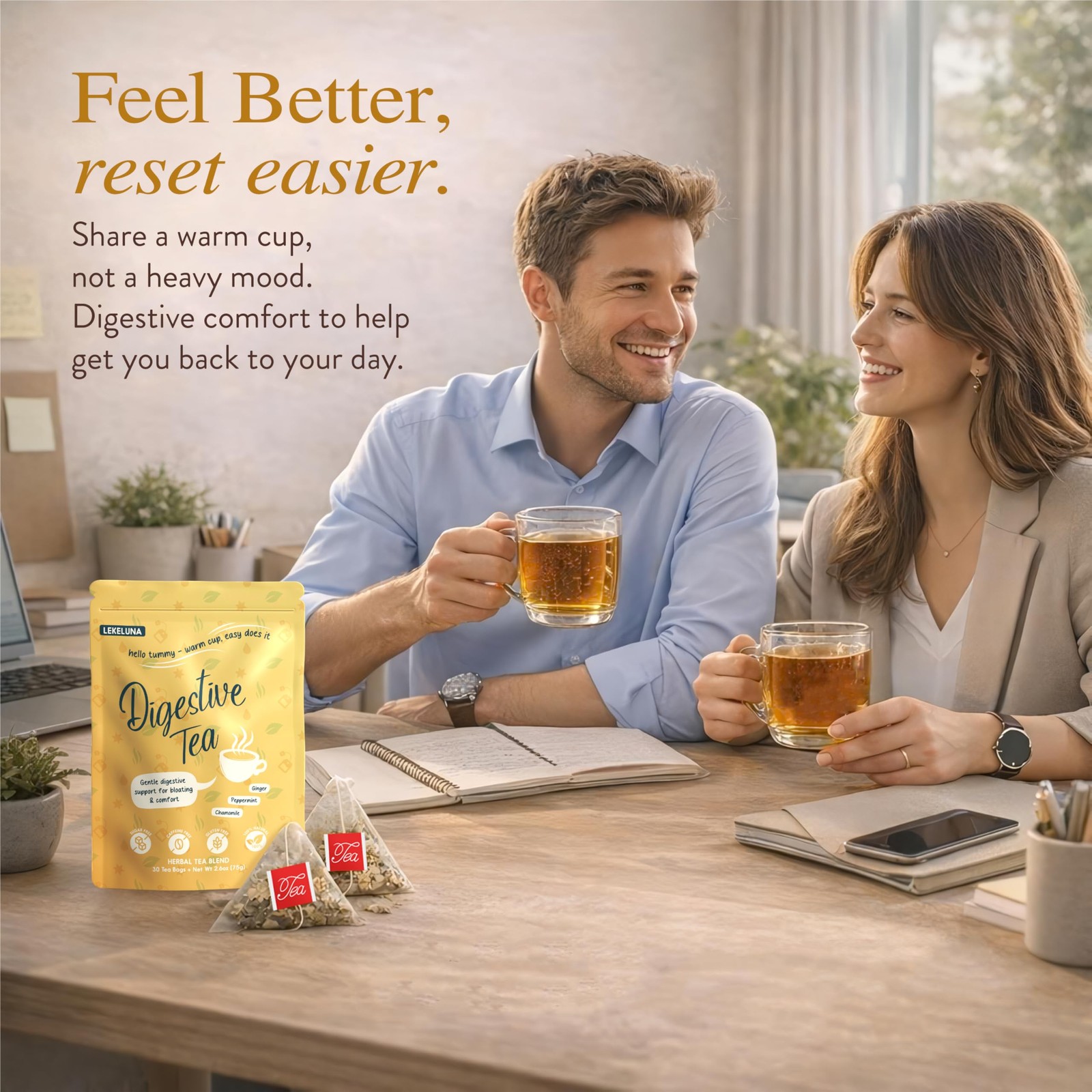 Lekeluna Digestive Tea – Ginger Peppermint Herbal Tea, Caffeine-Free Peppermi…