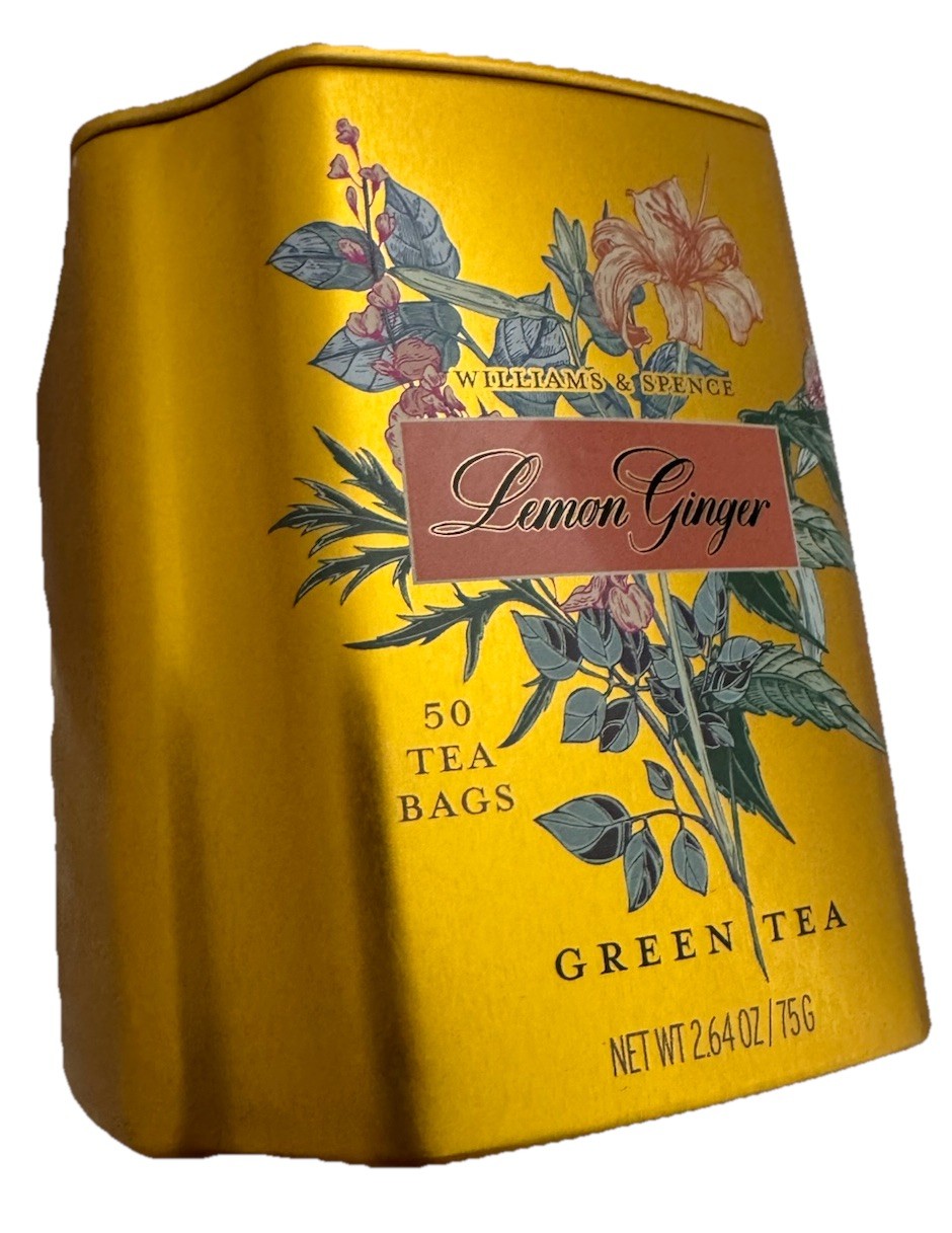 LEMON GINGER GREEN TEA 50BAGS IN BEAUTIFUL Gold Floral TIN WILLIAMS & SPENCE