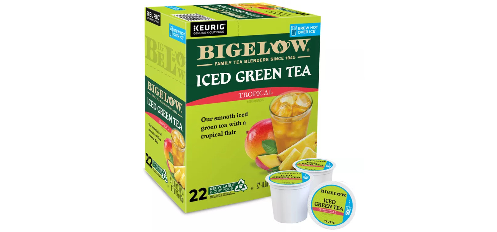 Bigelow Tropical Iced Green Tea 22 to 132 Count Keurig K cups Pick Any Size