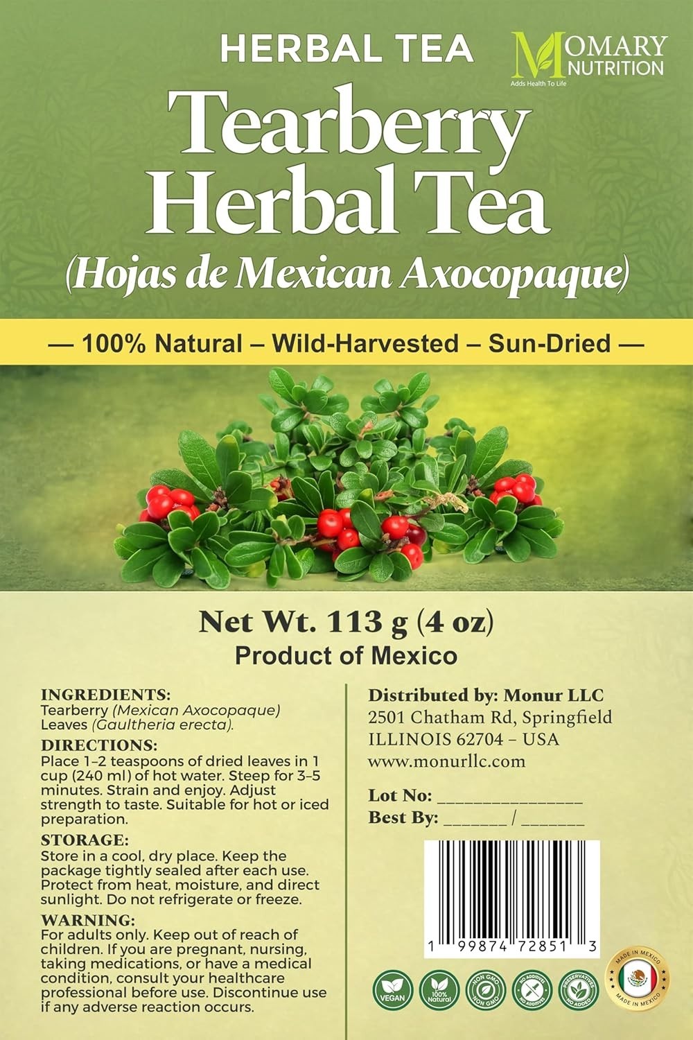 Tearberry Herbal Tea Hojas de Axocopaque Gaultheria erecta 4oz Natural Loose Lea