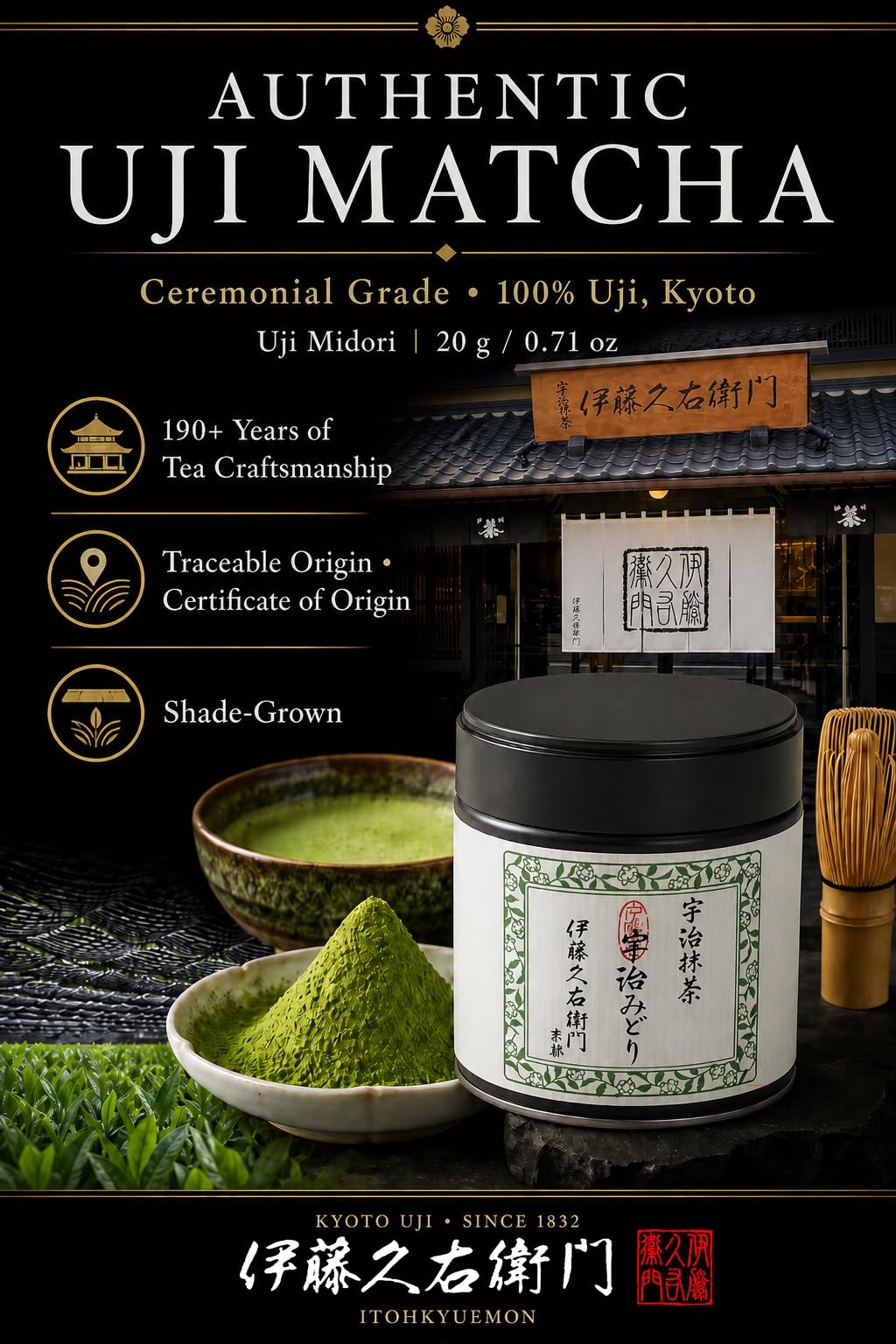 ITOHKYUEMON Kyoto Uji FirstHarvest Ceremonial Grade Matcha Green Tea Powder –…