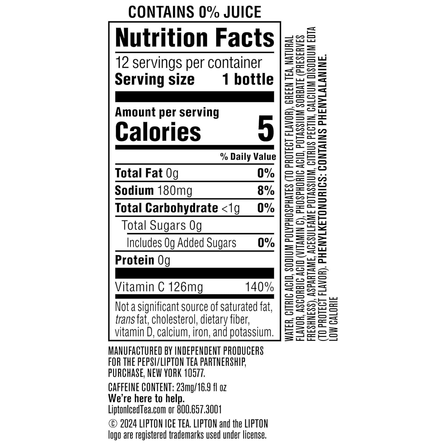 Lipton Zero Sugar Iced Tea, Green Tea Citrus, 16.9 fl oz Bottles, (12 Pack), 100
