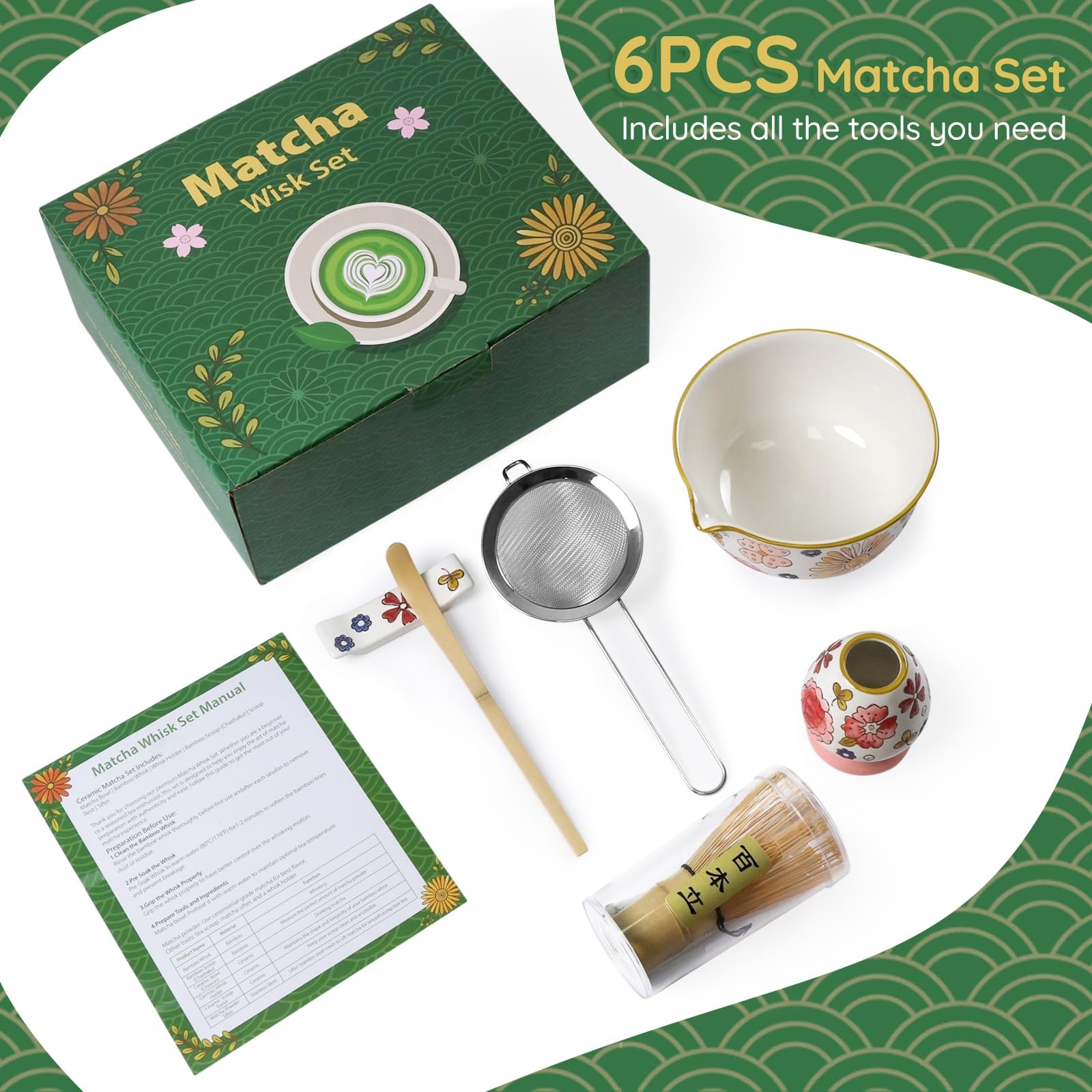 Hand-Painted Floral Matcha Ceremony Set 6 PCS Whisk Bowl Holder Scoop Rest
