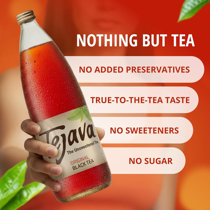 Tejava Black Iced Tea, Original Unsweetened, 12 Pack, 1L Glass Bottles, No Sugar