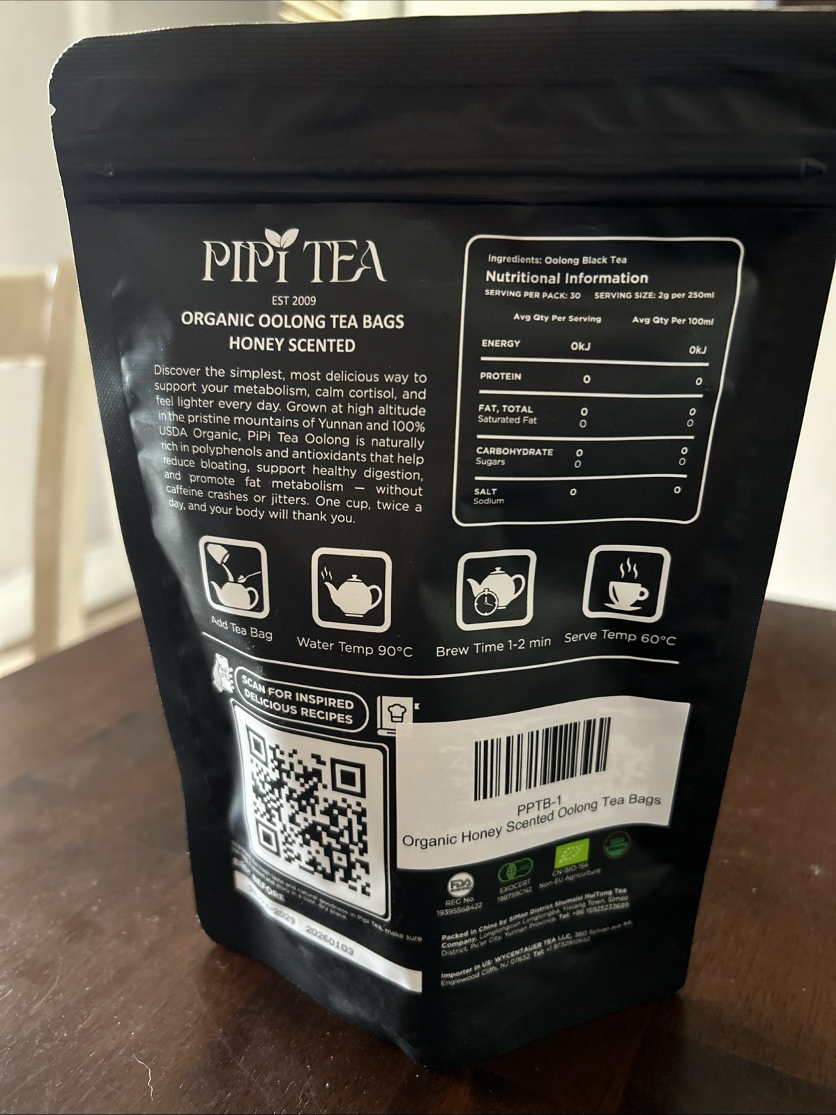 Pipi Tea Organic Honey Scented Oolong Tea- 20 bags – Exp 1-29 New Sealed